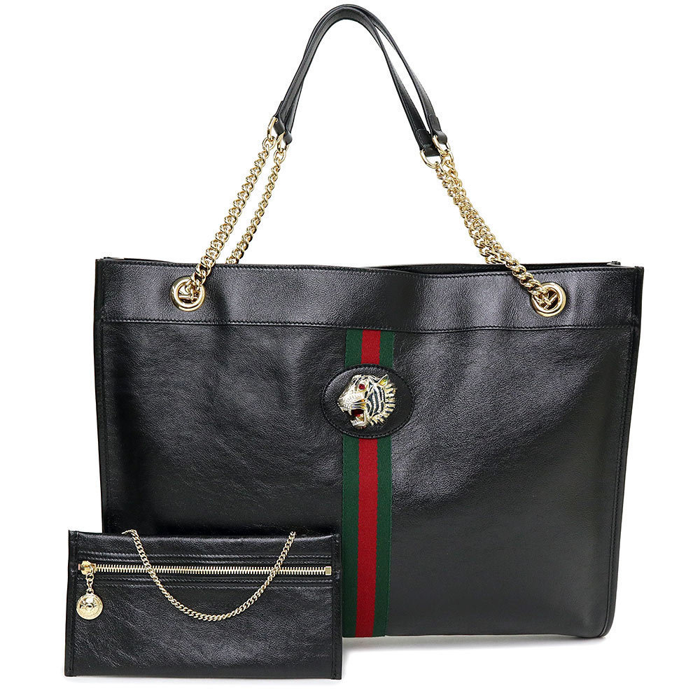 Gucci Rajah Tiger Head Chain Tote Bag Calfskin Leather Black
